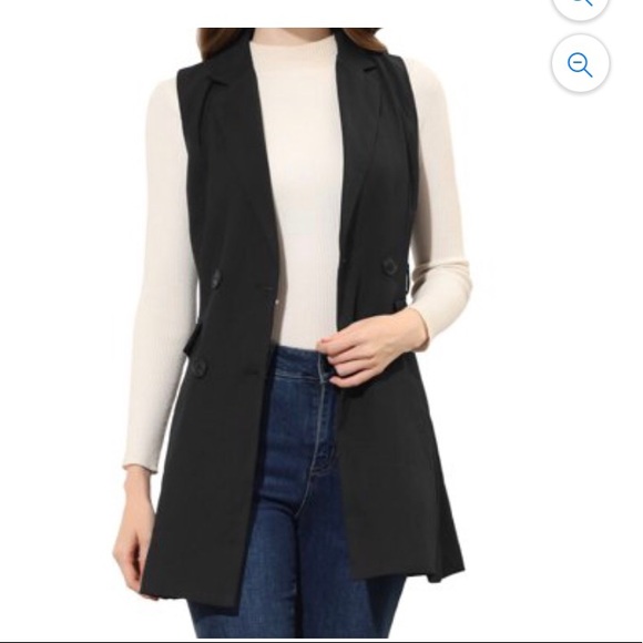 Lapel Collar Trench Vest Double Breast Sleeveless Long Blazer - Picture 4 of 4
